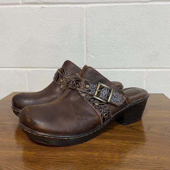 B.Ø.C Børn Women's Karley Leather Mules 11M Brown Buckle Block Heel Clog Western - Picture 2 of 11